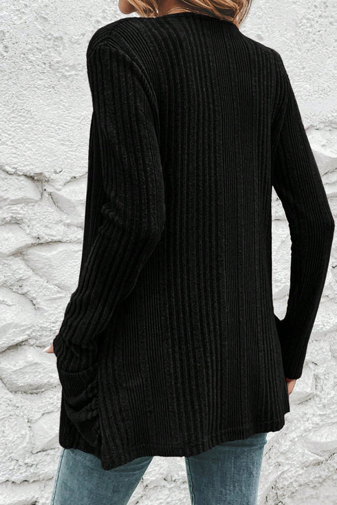 Ribbed Open Front Patch Pocket Long Sleeve Knit Cardigan